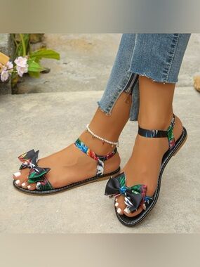 Floral Bowknot Ankle Strap Flat Sandals